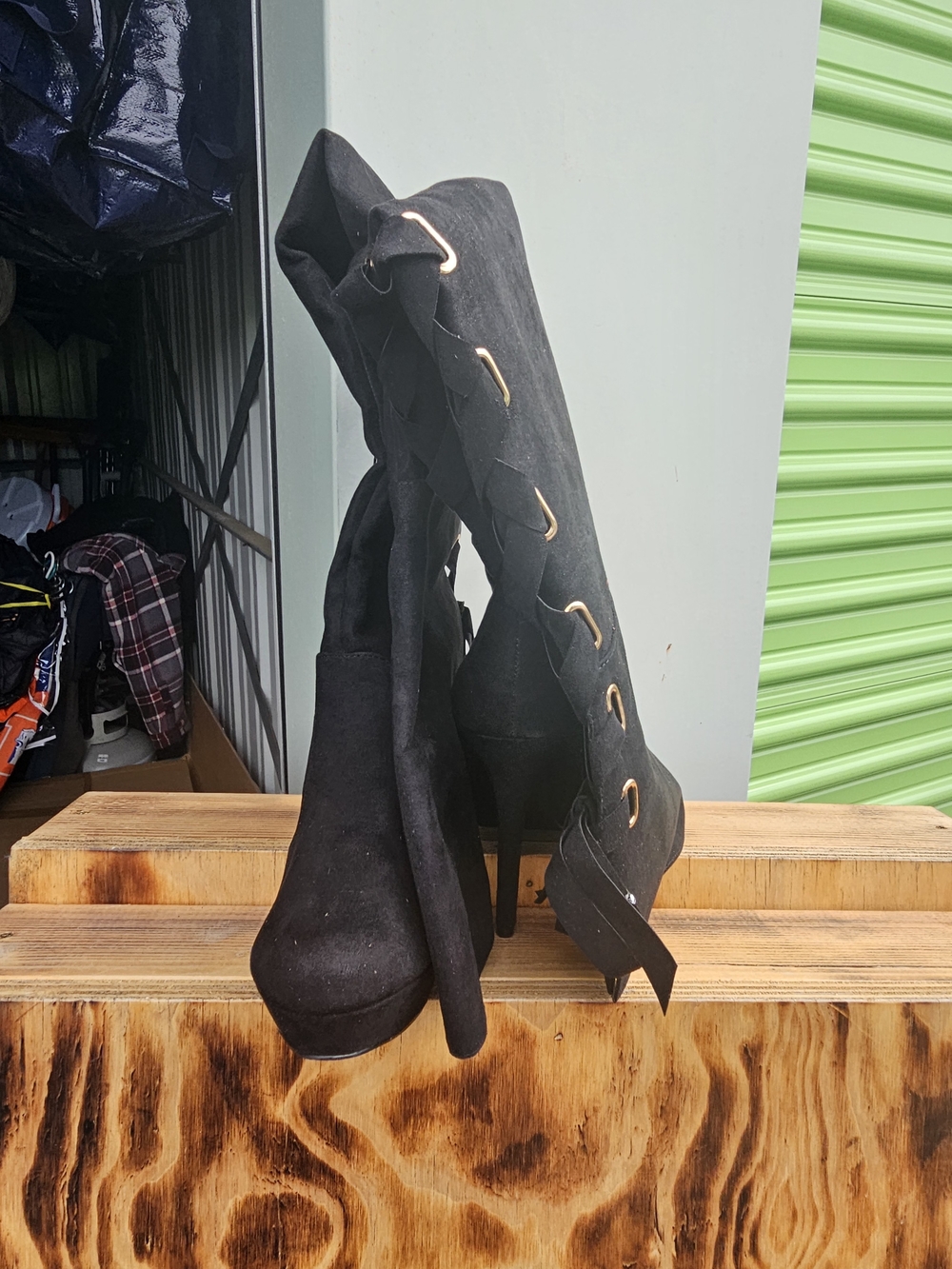 Shoe Dazzle Black Suede Lace-Up Platform Stiletto Boots